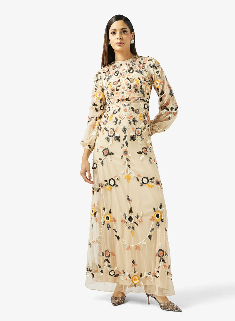Frock and Frill Embroidered Detailed Long Sleeve Maxi Dress